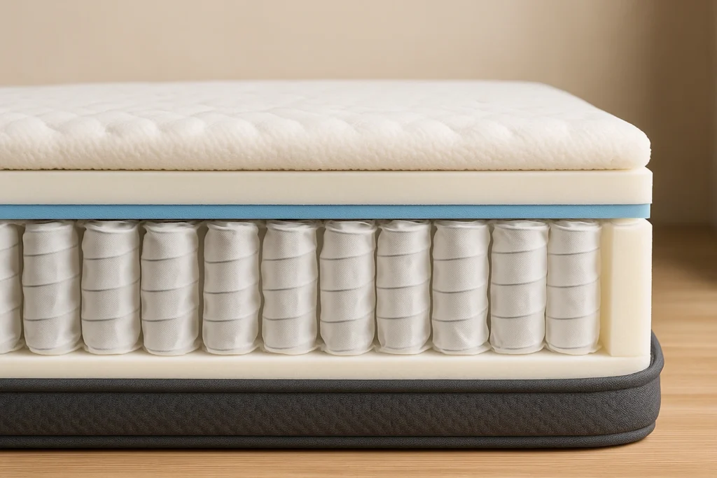 Corte transversal de colchão híbrido com camadas visíveis de espuma, suporte e molas ensacadas.