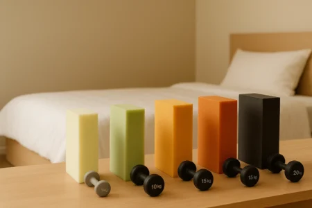 Cinco blocos de espuma em cores graduais, do amarelo claro ao preto, alinhados sobre bancada de madeira com halteres de 1 kg a 20 kg à frente e cama desfocada ao fundo, simbolizando diferentes densidades de colchão para faixas de peso variadas.