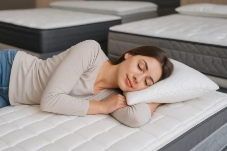 Mulher jovem deitada de lado, com expressão relaxada, testando tipos de colchões em uma loja, cercada por diferentes modelos.