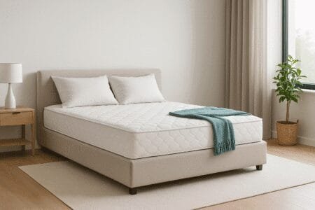 Quarto minimalista com cama box bege; composição clean para conteúdo sobre melhor cama box.