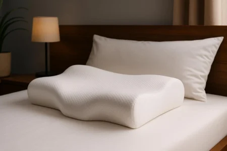 Foto de um quarto minimalista com o melhor travesseiro cervical em espuma de memória sobre a cama, próximo a cabeceira de madeira e decoração neutra.