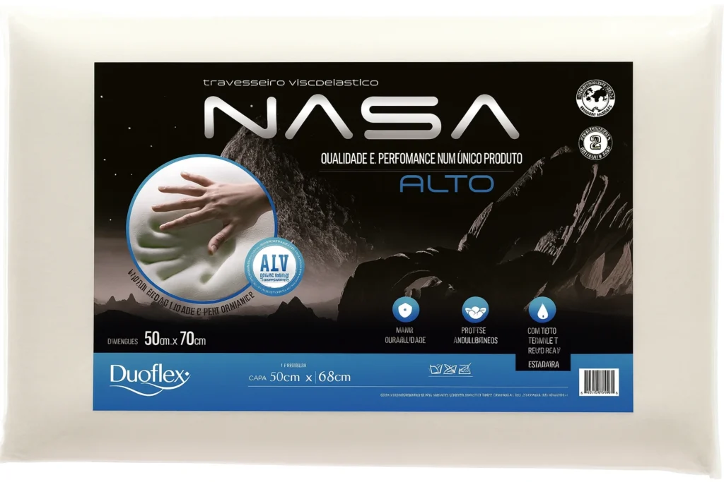 Embalagem do travesseiro Duoflex Nasa Alto com tecnologia viscoelástica e proteção antiácaro