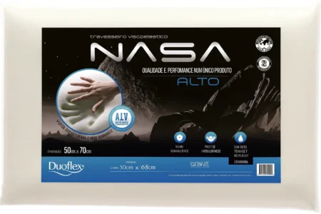 Embalagem do travesseiro Duoflex Nasa Alto com tecnologia viscoelástica e proteção antiácaro