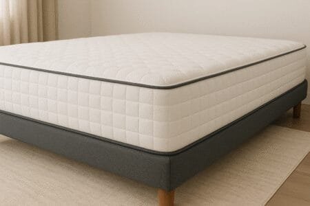 Colchão de casal moderno em quarto minimalista, representando conforto e qualidade para quem busca os melhores colchões de casal.