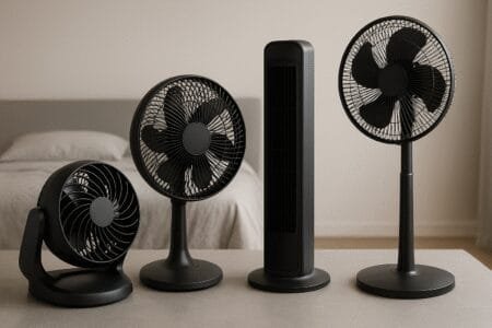 Quarto moderno com diferentes modelos de ventiladores, representando os melhores ventiladores silenciosos para noites tranquilas.