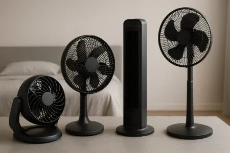 Quarto moderno com diferentes modelos de ventiladores, representando os melhores ventiladores silenciosos para noites tranquilas.