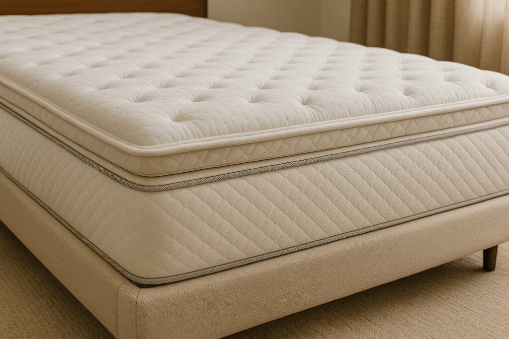 Close de um pillow top macio sobre um colchão moderno, destacando conforto e elegância em um ambiente acolhedor — ideal para representar o tema Melhor Pillow Top 2025.