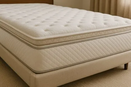 Close de um pillow top macio sobre um colchão moderno, destacando conforto e elegância em um ambiente acolhedor — ideal para representar o tema Melhor Pillow Top 2025.