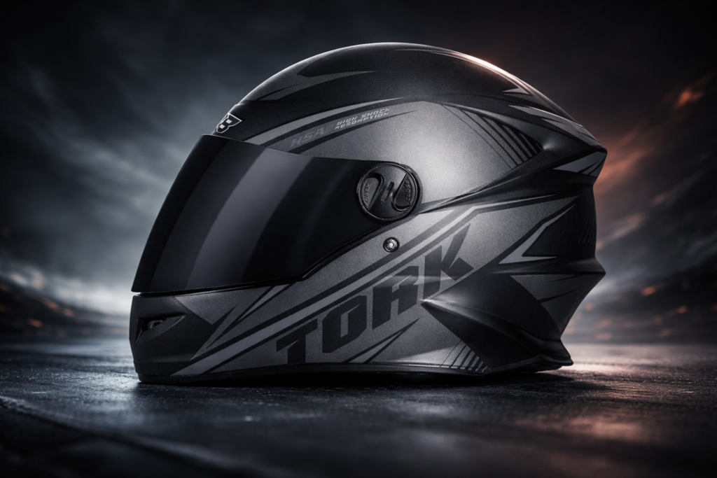Capacete bom e barato em acabamento preto e grafite, com viseira escura e design moderno, fotografado em ambiente escuro com iluminação dramática.