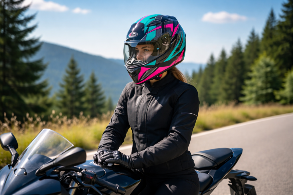 Melhor capacete feminino sendo utilizado por motociclista em estrada, destacando conforto, segurança e design moderno.