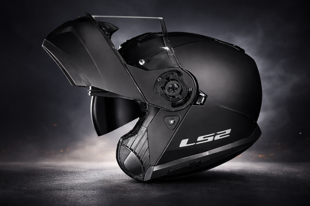 Melhor capacete escamoteável com queixeira levantada, destacando sistema articulado, conforto e segurança.