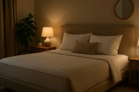 Quarto aconchegante com cama confortável, iluminação suave e elementos naturais que criam um ambiente calmo e relaxante para um sono profundo.
