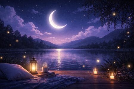 Mensagem de boa noite para acalmar a mente, com lua crescente refletida em um lago tranquilo e atmosfera noturna relaxante