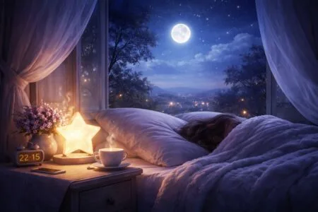 Mensagem de boa noite para acalmar a mente, com lua crescente refletida em um lago tranquilo e atmosfera noturna relaxante