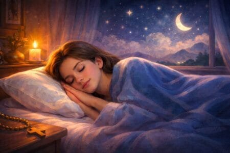 Ilustração serena de uma mulher dormindo tranquilamente à noite, com lua e estrelas ao fundo, representando a Oração da noite para dormir em paz e descansar com tranquilidade.