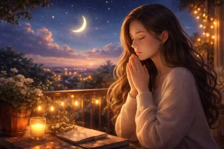 Oração da noite para gratidão, com mulher em momento de oração ao entardecer, luz suave de vela e céu estrelado transmitindo paz, fé e agradecimento pelo dia vivido.