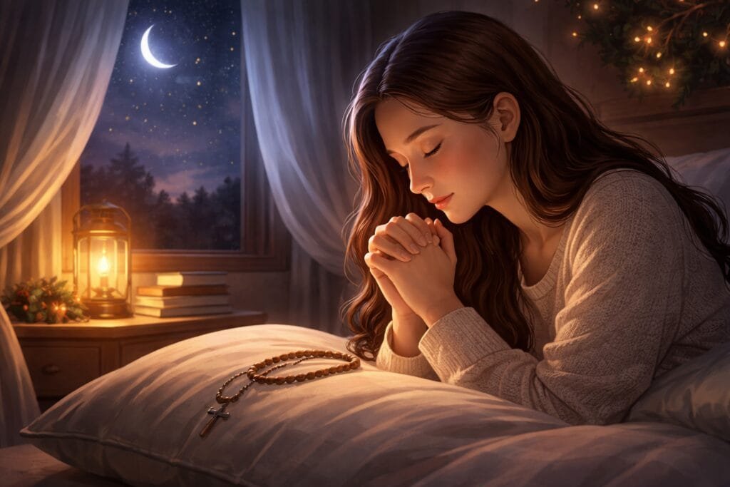 Oração da Noite para Quem Teve um Dia Difícil, com pessoa em oração ao lado da cama, em ambiente noturno tranquilo e acolhedor.