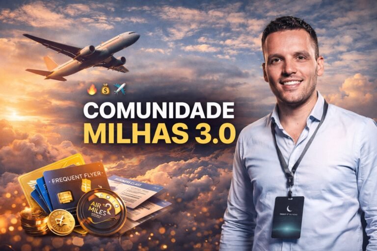 Comunidade Milhas 3.0 curso de milhas aéreas apresentado em arte promocional sobre estratégias para acumular e utilizar milhas de forma inteligente.