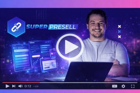 Thumbnail estilo vídeo do Plugin Super Presell 5.0 mostrando empreendedor usando notebook com gráficos de marketing digital e funil de vendas na tela